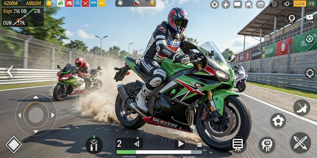 Screenshot A200M menampilkan aksi balap motor yang seru dan intens.