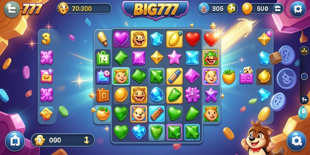 Screenshot utama BIG777 menampilkan gameplay match-3 yang seru dan penuh warna.