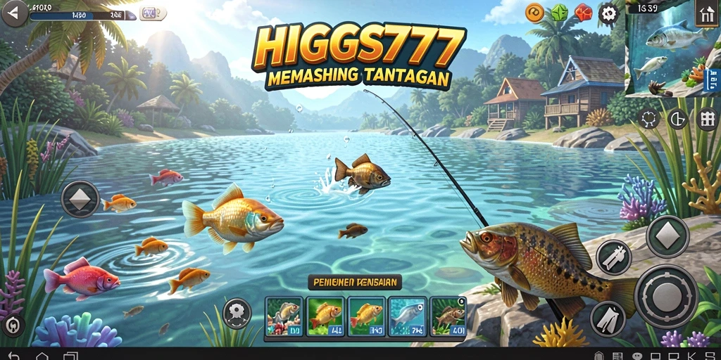 Screenshot gameplay HIGGS777 menunjukkan keseruan memancing ikan.