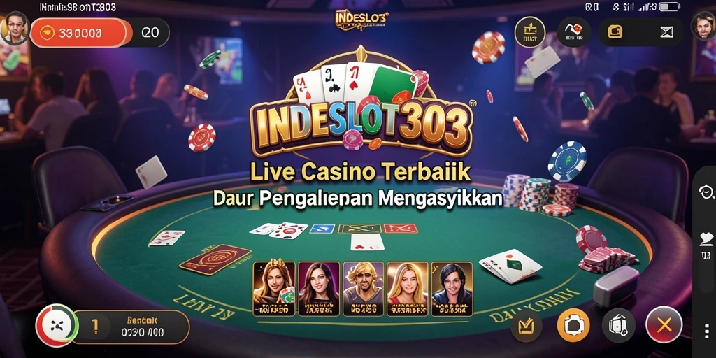 Screenshot gameplay Live Casino INDESLOT303 dengan dealer langsung dan pemain aktif.