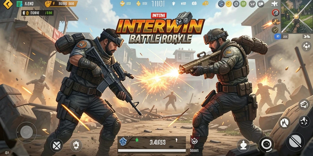 Tampilan dinamis gameplay INTERWIN yang menegangkan di arena Battle Royale.