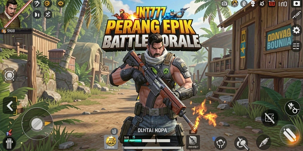 Screenshot gameplay JNT777 menunjukkan aksi pertarungan seru di medan perang Battle Royale.