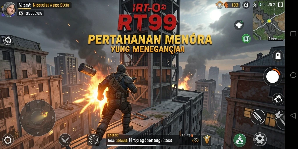 Screenshot utama RT99 menampilkan aksi seru dalam pertahanan menara.